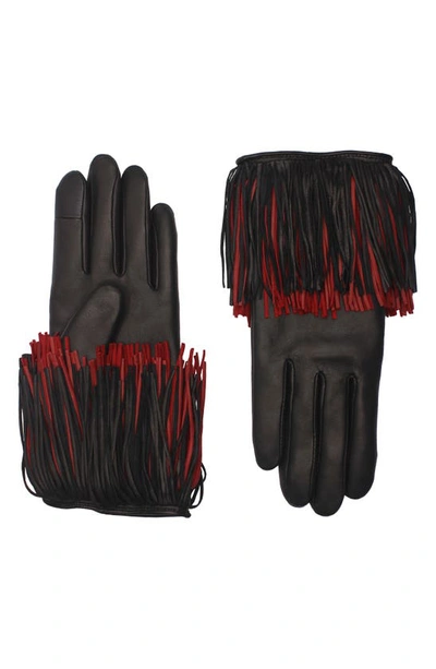 Agnelle Fringe Lambskin Leather Gloves In Black/ Cardinal