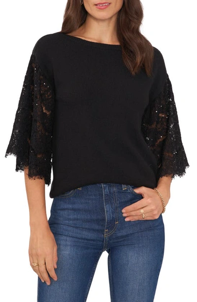 Vince Camuto Sequin Lace Sleeve Mixed Media Sweater In Rich Black