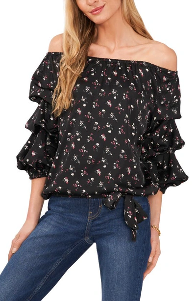 Vince Camuto Floral Off The Shoulder Bubble Sleeve Blouse In Rich Black