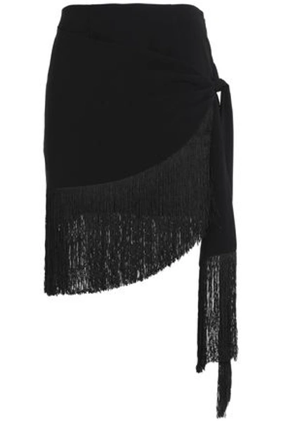 Cinq À Sept Marlon Wrap-effect Fringed Crepe Mini Skirt In Black