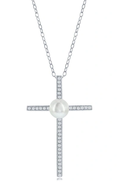 Simona Sterling Silver Peal & Cz Cross Necklace
