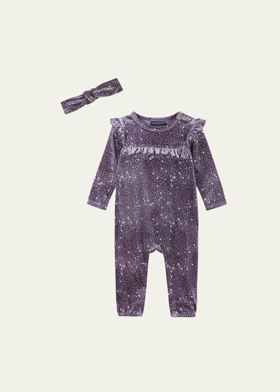 Andy & Evan Kids' Girl's Moon And Stars-print Coverall W/ Headband In Purple Space