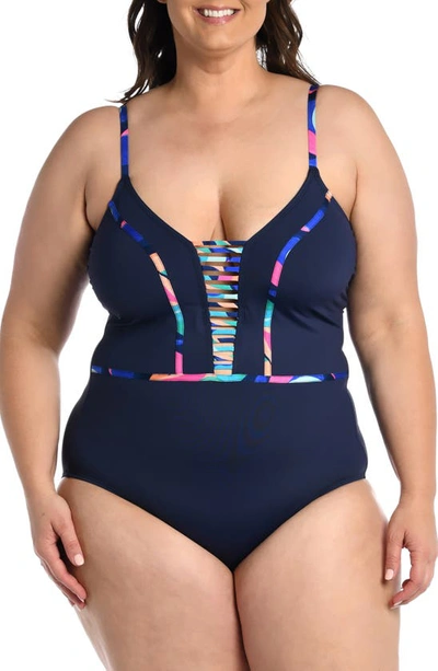 La Blanca Plus Size Painted Plunge Mio One-piece Swimsuit In Blue Multi