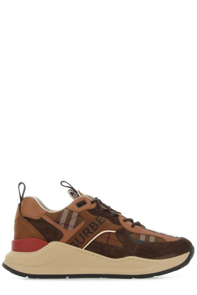 Burberry Logo Print Check And Suede Sneakers In Brown
