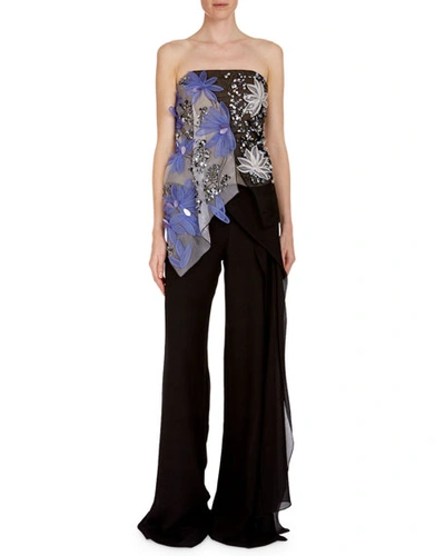 Roland Mouret Hempton Floral-embroidered Sequined Bustier Top In Black Pattern