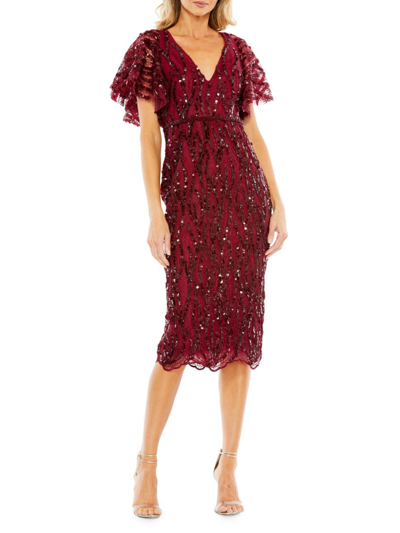 Mac Duggal Sequin Butterfly-sleeve Midi-dress In Burgundy