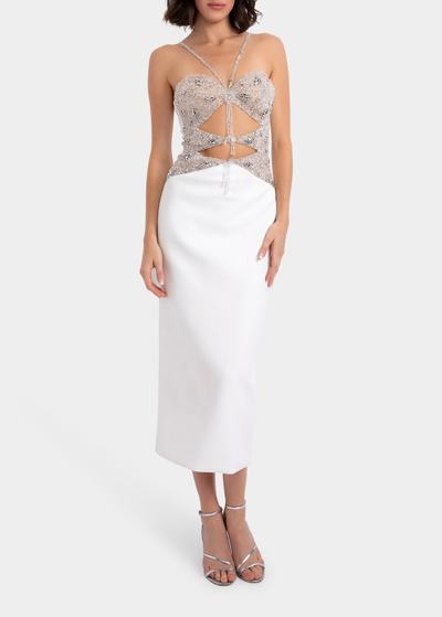 Patbo Beaded-bodice Fitted Midi Dress In White