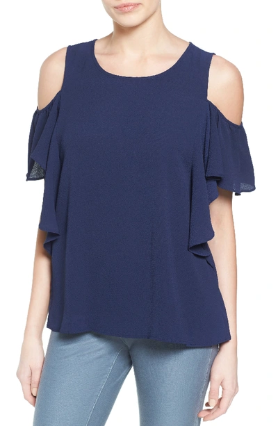 Bobeau Cold Shoulder Ruffle Sleeve Top In Navy Peacoat