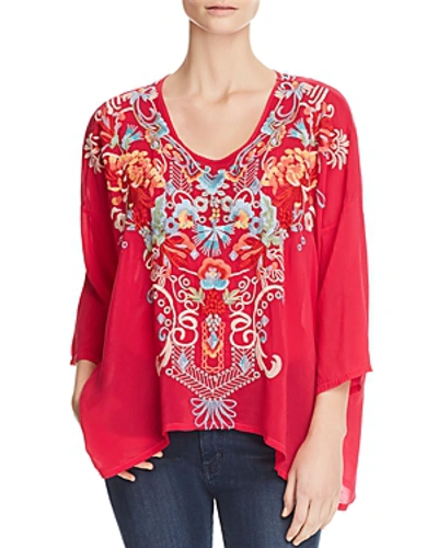 Johnny Was Valeria Embroidered V-neck Blouse In Pomegranate