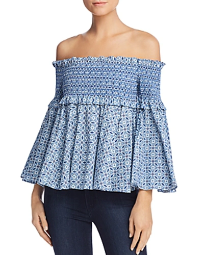 Petersyn Davenport Smocked Off-the-shoulder Top In Pool Print