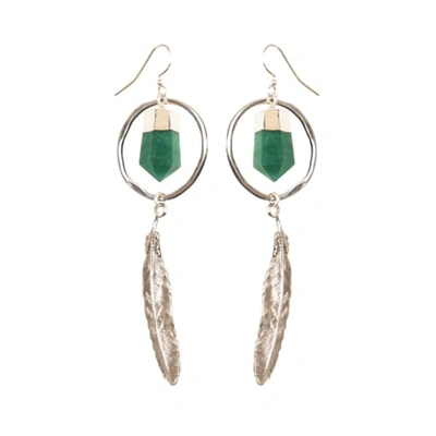 Tiana Jewel Feather Canyon Green Quartz Hoop Earrings Silver