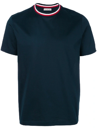 Moncler Contrast Collar Short Sleeve T Shirt In Blue