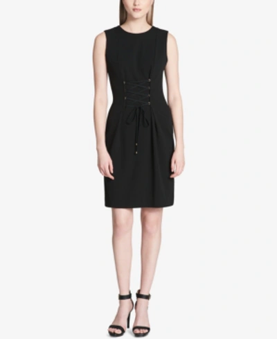 Calvin Klein Sleeveless Lace Up Detail Sheath Dress In Black