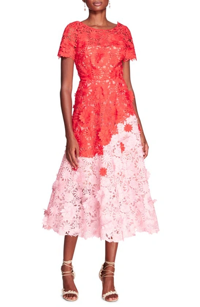 Marchesa Notte Daises And Dahlia 3d Guipure Midi Dress In Red