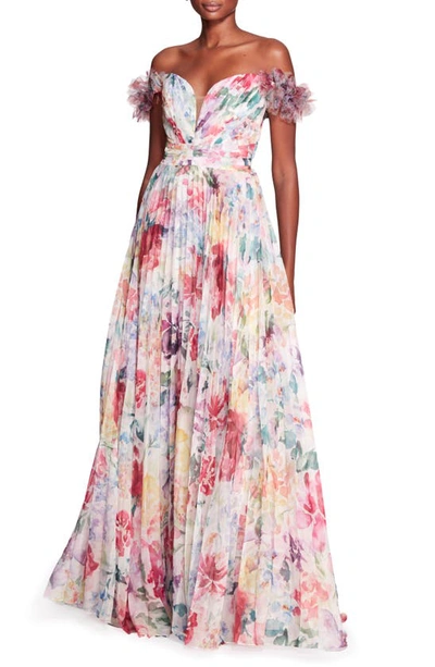 Marchesa Notte Off The Shoulder Print Gown In Ivory,multicolor