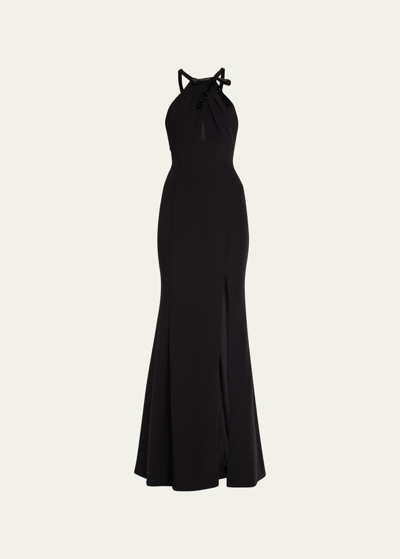 Marchesa Notte Halter Stretch Crepe Column Gown In Black