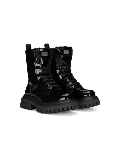Dolce & Gabbana Kids' Patent Leather Combat Boots With Faux Fur Lining In Black