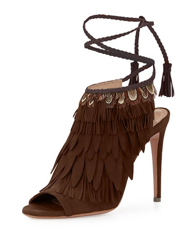 Aquazzura Fringed Suede Ankle-tie Sandal In Luggage