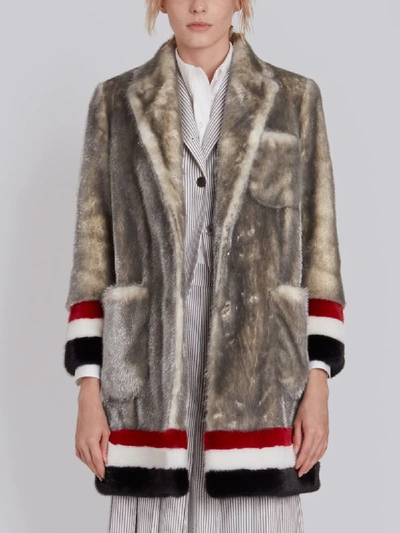 Thom Browne Single Breasted Sack Overcoat With Intarsia Red, White And Blue Stripe In Dyed Long Hair Mink Fur In Grey