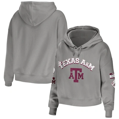 Wear By Erin Andrews Women's  Grey Texas A&m Aggies Mixed Media Cropped Pullover Hoodie