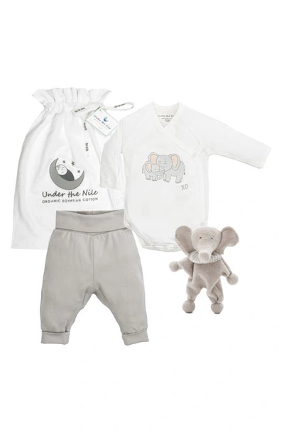 Under The Nile Babies' Elephant Print Bodysuit, Pants & Plush Toy Set In Grey