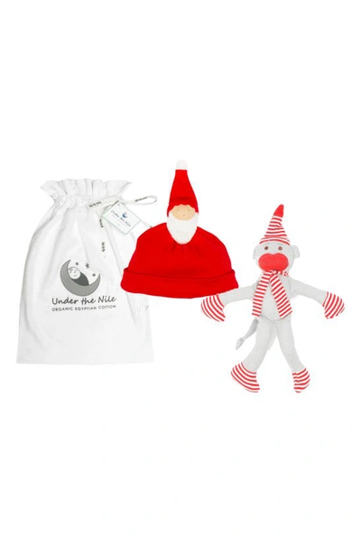 Under The Nile Babies' Organic Cotton Santa Beanie & Toy Set In Red