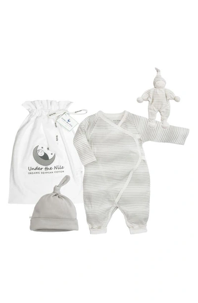 Under The Nile Babies' Stripe Organic Cotton Romper, Knotted Beanie & Plush Toy In Grey