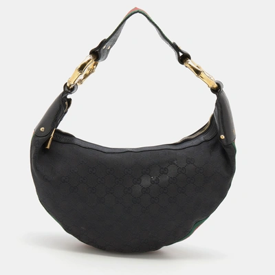 Pre-owned Gucci Black Gg Canvas And Web Bamboo Ring Hobo