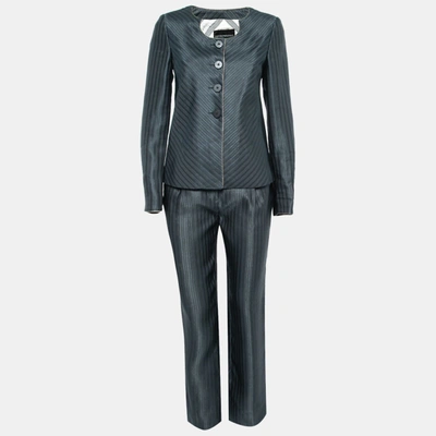 Pre-owned Emporio Armani Dark Grey Silk & Linen Button Front Jacket & Pant Suit M