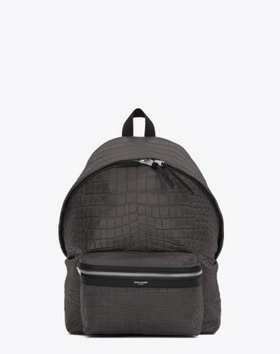 Saint Laurent City Backpack In Dark Anthracite Crocodile Embossed Leather And Black Nylon In Grey