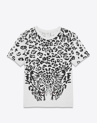 Saint Laurent Punk Rock Short Sleeve T-shirt In Ivory And Black Leopard ...