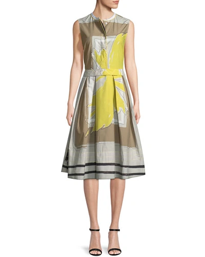 Piazza Sempione Sleeveless Graphic-print Dress With Full Skirt In Khaki