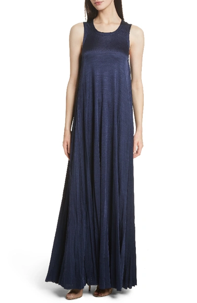 Elizabeth And James Abbott Sleeveless Satin Gown With Pleated Sides In Navy