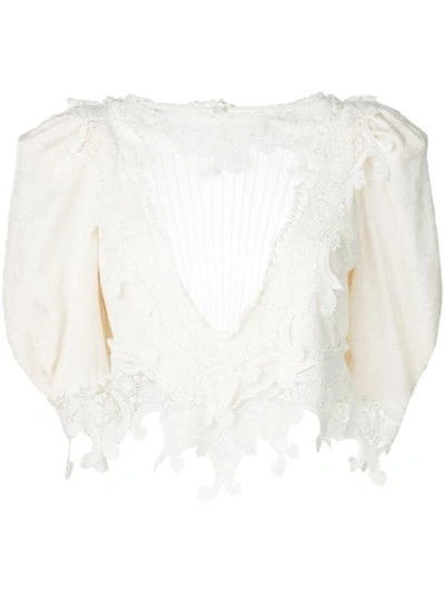 Saint Laurent Embroidered Mesh Cutout Crop Blouse In Neutrals