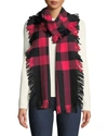 Burberry Half Mega Check Fashion Fringe Wool Scarf, Coral In Red/black