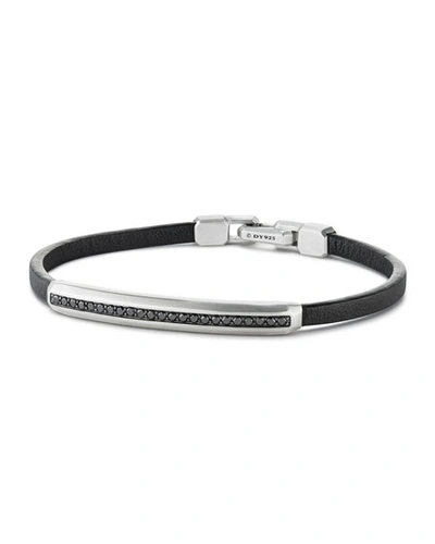 David Yurman Men's Streamline Id Black Leather Bracelet With Pavé Black Diamonds & Sterling Silver In Silver Pave