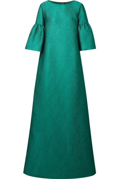 Reem Acra Metallic Silk-cloqué Gown In Emerald