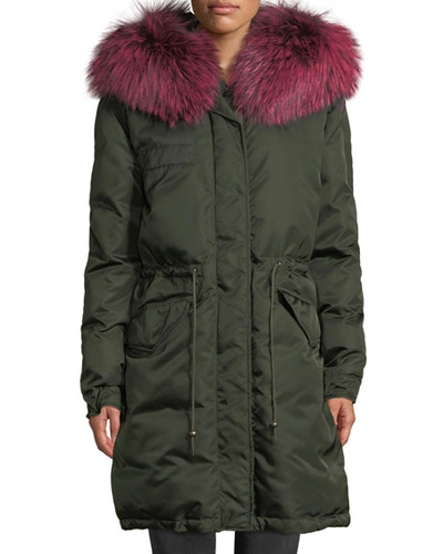 Mr & Mrs Italy Zip-front Puffer Jacket With Fox-fur Hood In Green