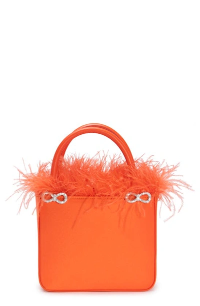 Mach & Mach Feather Trim Silk Satin Top Handle Bag In Orange