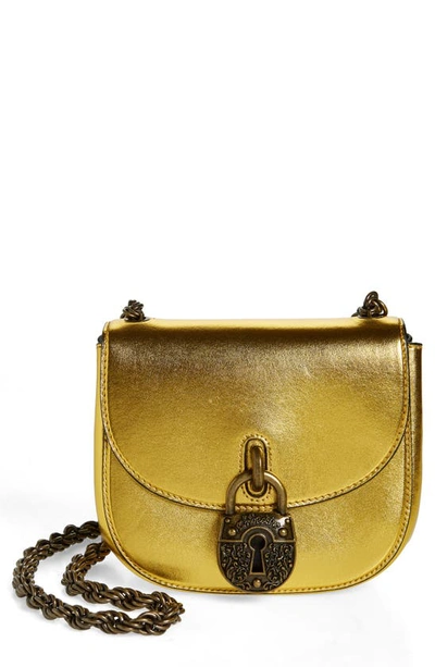Moschino Lock Flap Metallic Leather Crossbody Bag In Fantasy Print Old Looking Gold