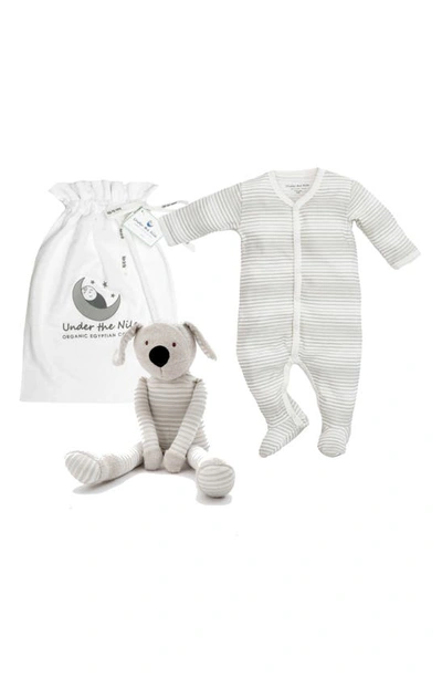 Under The Nile Babies' Organic Cotton Footie & Dog Toy Set In Grey