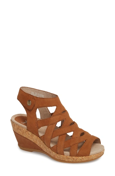 Dansko Cecily Caged Wedge Sandal In Camel Milled Nubuck Leather