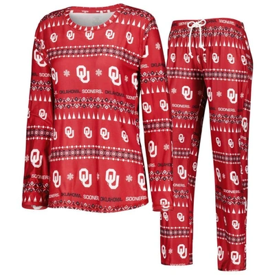 Concepts Sport Women's  Crimson Oklahoma Sooners Flurry Ugly Sweater Long Sleeve T-shirt And Pants Sl In Scarlet