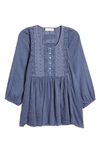 Lucky Brand Lace Yoke Cotton Blend Tunic In Blue Multi
