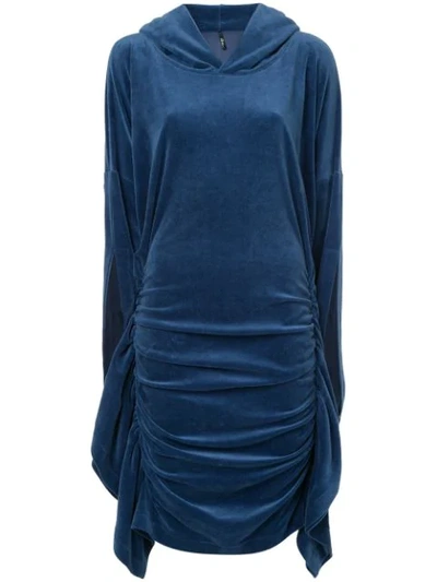 Paula Knorr Velour Ruched Hooded Dress In Blue