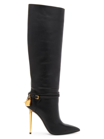 Tom Ford 105mm Lock Croco Stiletto Knee Boots In Chocolate