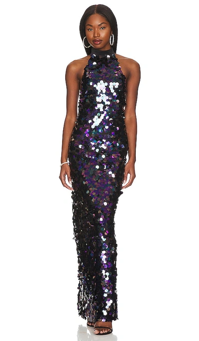 Bronx And Banco Chantal Beaded Sequin Halter Gown In Black Multi