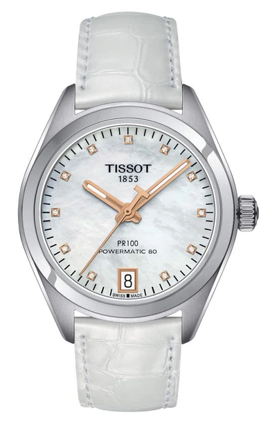 Tissot Pr 100 Auto Classic Croc Embossed Leather Strap Watch, 33mm In White Mother Of Pearl