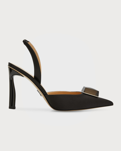 Paul Andrew Pointy Cube Satin Slingback Pumps In Black