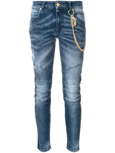 Pierre Balmain Biker Jeans With Hanging Chains In Blue